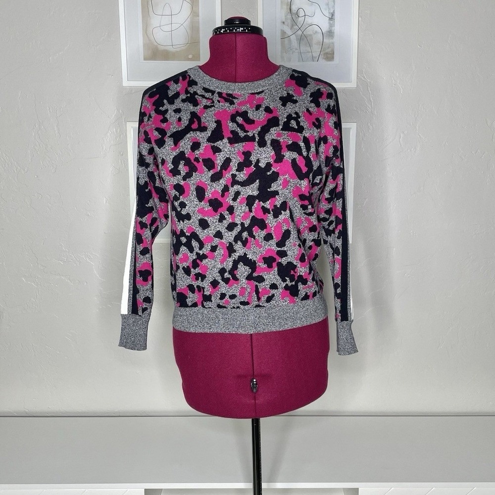 Michael Stars Sweater Womens XS Pink Gray Leopard Print Cotton Crewneck SCJ04